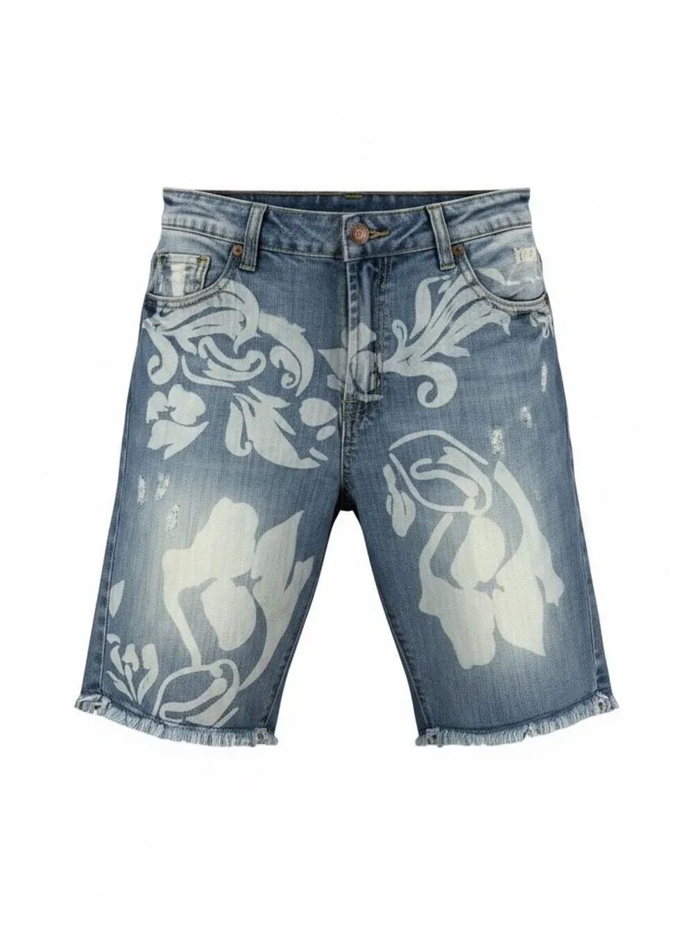 Copper Rivet Floral Laser Etch Distressed Fray Hem Men's Denim Shorts Size 36